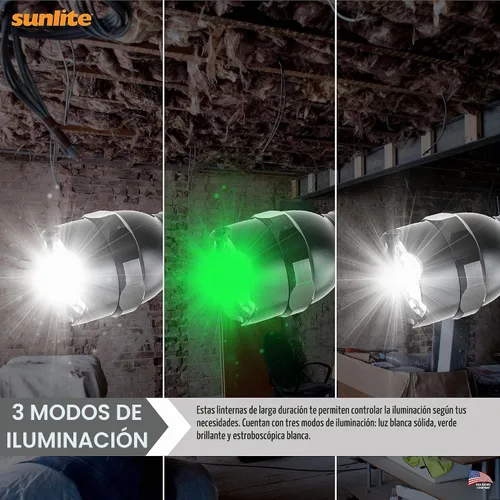 Vista 4 de Sunlite 41780 Linterna LED de alta potencia para exteriores, 3 modos, linterna, luz estroboscópica, luz verde, resistente al agua, de mano, negro, 2