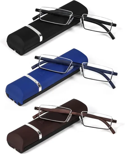 Vista 8 de REAVEE Elegantes lentes de lectura de medio marco para mujeres y damas, media lente, ligeros, rectangulares, de metal, portátiles, con estuches