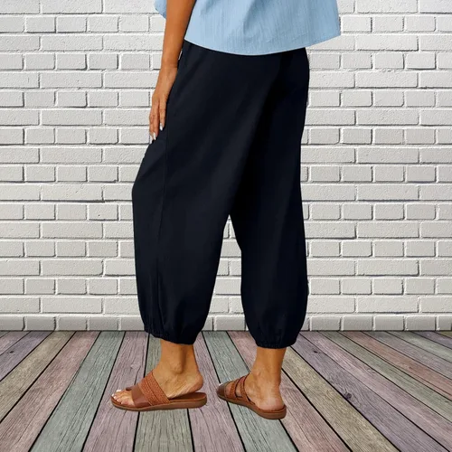 Vista 3 de ZQFFB Capri Pants for Women Casual Summer Linen Capris Elastic Waist Crop Pants with Drawstring