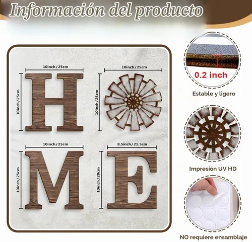 Vista 2 de VGICH Decoración de pared para el hogar, letreros rústicos con molino de viento de madera para sala de estar, juego de 4 letras decorativas