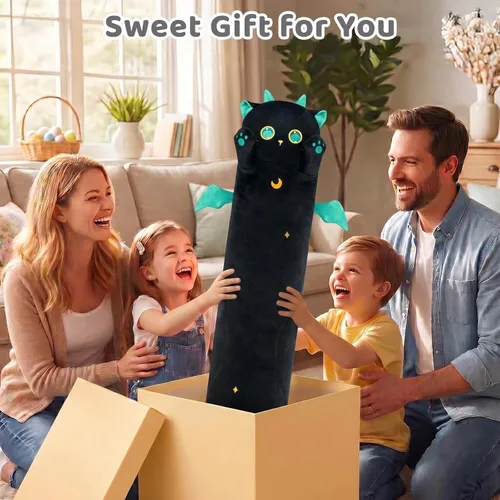 Vista 7 de Mewaii Peluche de gato largo, 5 tamaños, 120% relleno extra, almohada gigante para el cuerpo de los niños, lindo peluche Kawaii de ojos grandes