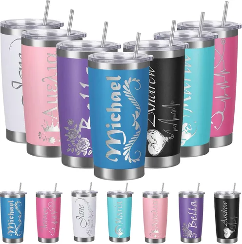 Vista 14 de Vasos personalizados con tapa y pajita, vaso aislado personalizado grabado con nombre, vaso de café de acero inoxidable, regalos para hombres y Negro