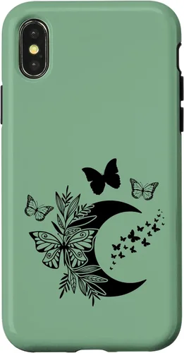 Vista 4 de Funda de bruja Wicca Wicca para iPhone 15, diseño de luna y mariposa, color verde salvia