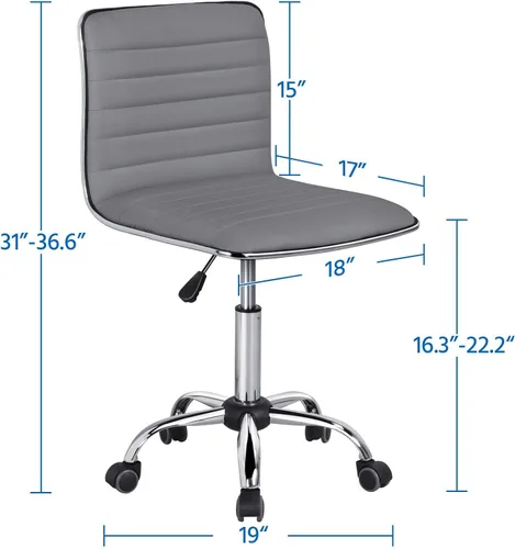 Vista 5 de Yaheetech Silla de oficina moderna de piel sintética sin brazos, 2 piezas, ajustable, con respaldo bajo, giratoria, ruedas rodantes, color gris
