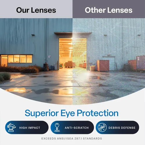 Vista 4 de Bullhead Safety Dorado - Lentes de seguridad con doble lente, ANSI Z87+, lentes de luz azul con protección contra la luz UV y revestimiento marco