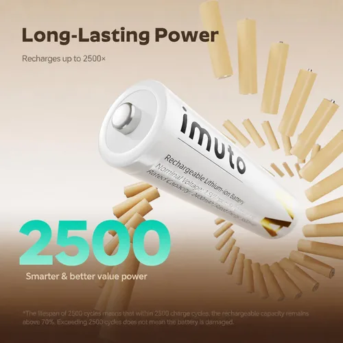 Vista 4 de imuto Baterías recargables AA, baterías de litio de 3600 mWh AA, paquete de 4, salida de 1.5 V 2 A, doble batería, vida útil de más de 1600 ciclos