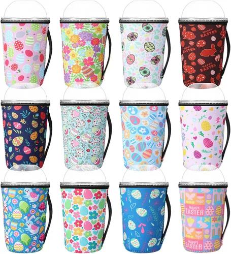 Vista 16 de Boao 12 fundas para vaso de neopreno reutilizables con asa, funda aislada para taza para café helado, bebida fría, anticondensación, sin sudor