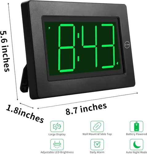 Vista 2 de KWANWA Reloj Despertador, Reloj de Pared, Reloj Digital, Pantalla LED de 3 Pulgadas, Funciona con Pilas, Brillo Ajustable, Modo Nocturno Automático