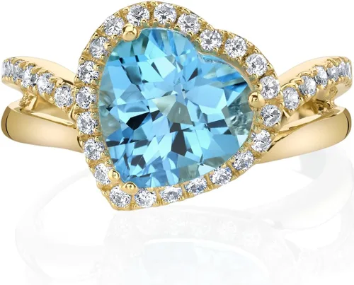 Vista 2 de Peora Anillo de corazón inclinado con topacio azul suizo para mujer, oro amarillo de 14 quilates, piedra preciosa auténtica, forma de corazón de 3