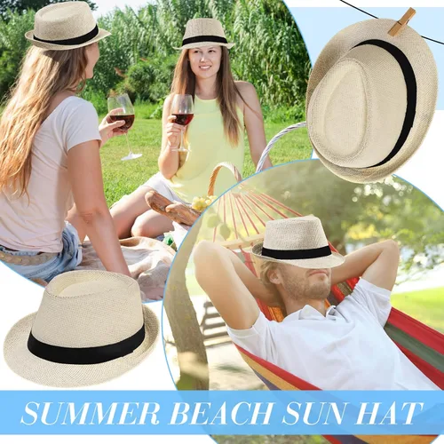 Vista 5 de Hicarer 12 sombreros de paja para mujer, sombrero Derby para hombre, sombrero de ala ancha, sombreros de Panamá de verano para playa, boda, fiesta