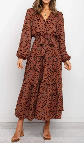 Vista 3 de R.Vivimos Vestidos casuales de otoño de manga larga para mujer, cuello en V, lunares, escalonados, volantes, vestido midi fluido con cinturón
