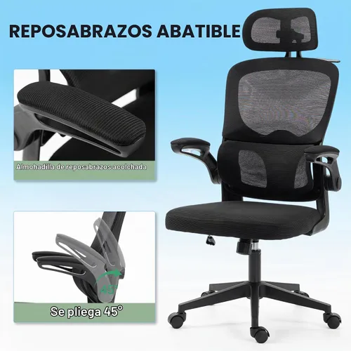 Vista 6 de Silla de oficina ergonómica, malla para silla de oficina con brazos Negro clásico