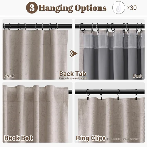 Vista 2 de Guken Cortinas opacas de lino, 2 paneles rústicos, elegantes, 100% opacas, con aislamiento térmico, banda de ganchos y trabilla trasera, 52 x 84