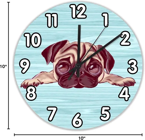 Vista 2 de Reloj de pared de perro Pug, reloj de madera para amantes de los perros, 10 silenciosos, sin tictac, de cuarzo, funciona con pilas, para sala