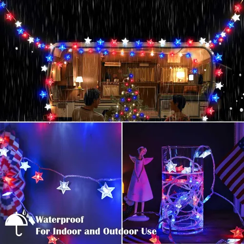 Vista 5 de Luces decorativas del 4 de julio, color rojo, blanco y azul, funciona con pilas, 50 LED, cadena patriótica de estrellas de 20 pies, 8 modos