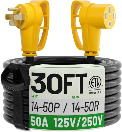 Vista 8 de POWGRN NEMA 14-50P a NEMA 14-50R Cable de extensión de alimentación de 50 amperios para RV/EV de 10 pies al aire libre con mango de agarre, cable