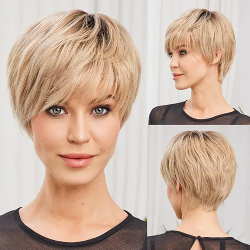 Vista 13 de HAIRCUBE Pelucas rubias de corte Pixie para mujer, estilo ondulado natural, peluca de encaje sintético resistente al calor con parte superior