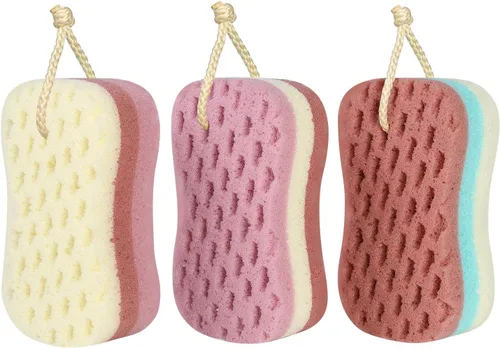Vista 9 de Esponja de baño para mujeres, hombres, adultos, niños, 3 piezas. Esponja de esponja para baño, esponja corporal para baño, accesorios de baño