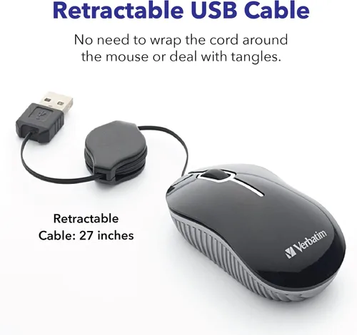Vista 4 de Verbatim Ratón óptico con cable mini USB-A para computadora – Plug & Play con cable pequeño de viaje con cable retráctil – Negro 98113