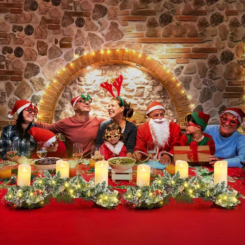 Vista 5 de 4 piezas de centro de mesa navideño con 3 portavelas navideños, luces LED de cadena tipo hadas, a pilas, bayas rojas artificiales, piñas para cocina