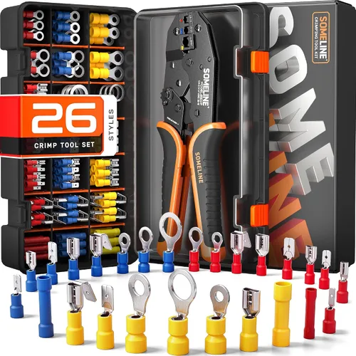 Vista 9 de SOMELINE Kit de herramientas de prensado de conectores eléctricos, crimpadora de terminales de trinquete 22-10 AWG, con conectores aislados a tope