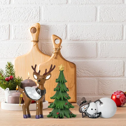 Vista 6 de Smile - Decoración navideña para interiores, juego de 3 figuras pequeñas de resina, muñeco de nieve, árbol de Navidad y reno, decoración navideña