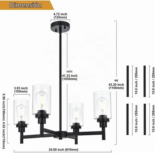 Vista 4 de Lámpara de araña de cristal de 4 luces estilo granja, negra, para cocina, iluminación colgante con cilindro de cristal transparente para comedor