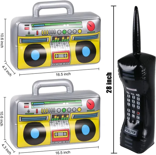 Vista 3 de Boombox inflable y teléfono móvil, 3 unidades, suministros para fiestas de los años 80 y 90, accesorios para cosplay, accesorios para disfraz
