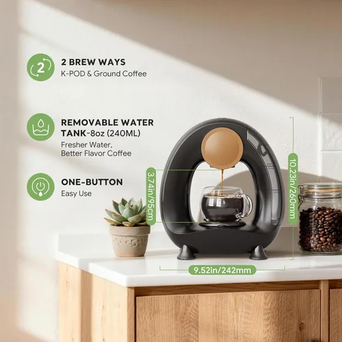 Vista 2 de Cafetera de una sola porción 2 en 1, cafetera rápida de 1400 W para cápsulas K-Cup y café molido, cafetera americana y de té de un solo toque con 2