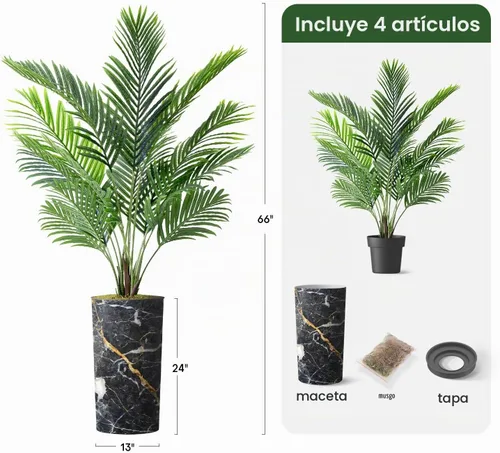 Vista 3 de Árbol artificial en macetero con efecto de granito moderno, palmera tropical areca artificial de seda para decoración del hogar en interiores