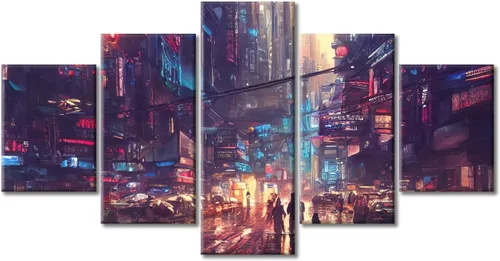 Vista 291 de Cuadros de 5 paneles de Cyberpunk City, arte de pared, representación de vallas publicitarias, edificios modernos en la capital con obras de arte
