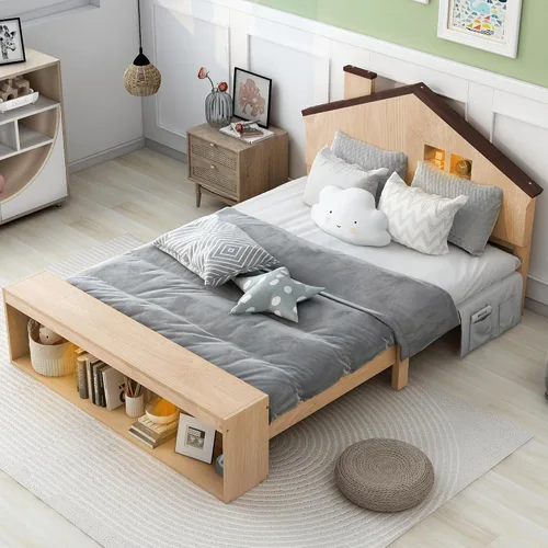 Vista 12 de Cama de plataforma de madera de tamaño individual con cabecera en forma de casa, soporte de listones de madera, para dormitorio de niños, niñas