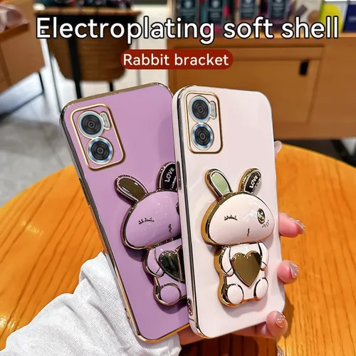 Vista 2 de Funda de silicona compatible con Motorola E22 con lindo soporte de conejo de dibujos animados para Motorola E22 Slim TPU galvanizado antihuellas 1