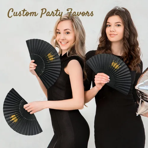 Vista 6 de Abanicos de mano negros personalizados, 10 unidades, abanicos plegables de mano personalizados para boda, recuerdos de fiesta, costillas de bambú