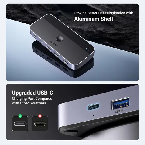 Vista 5 de UGREEN Conmutador USB 3.0 2 computadoras que comparten dispositivos USB C y A, conmutador USB de 4 puertos para compartir teclado y mouse