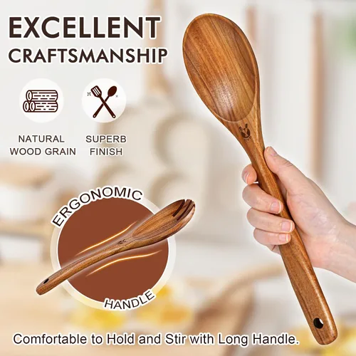 Vista 5 de Cucharas de madera para cocinar, 6 piezas, juego natural de utensilios de cocina de madera de teca, juego de utensilios de cocina con mango largo