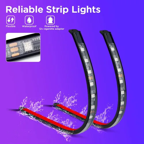 Vista 3 de Xprite Tira de luces LED Dreamcolor para interior de auto con Bluetooth, control remoto y aplicación, luces RGB de persecución para espacio