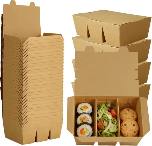 Vista 10 de Paquete de 30 recipientes de comida para llevar, 3 compartimentos de 7.5 x 5.4 x 2.6 pulgadas, cajas de papel de pulpa de bambú para llevar