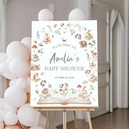 Vista 8 de Letrero de bienvenida personalizado para baby shower, letrero de bienvenida personalizado para baby shower, diseño de animales del bosque floral