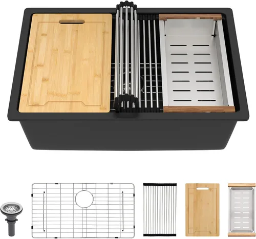 Vista 18 de Lordear Fregadero de Bar Empotrado de Granito Compuesto de 18 Pulgadas 18"x18" Fregaderos de Cocina de Cuarzo Compuesto Negro de Un Solo Tazón Bajo