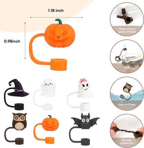Vista 4 de 6 tapas de paja de Halloween compatibles con copas Stanley de 30 40 onzas para vasos, reutilizables, a prueba de polvo, simple y moderna