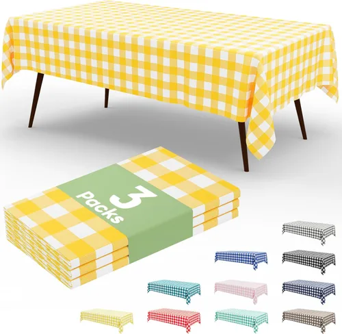 Vista 61 de Smiry Paquete de 3 Manteles Desechables de Cuadros Gingham Color Caqui - 54" x 72" Mantel de Plástico de Servicio Pesado, Cubiertas de Mesa