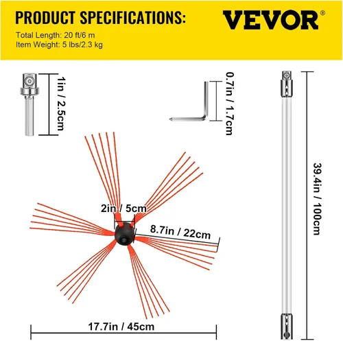 Vista 7 de VEVOR Kit de Limpieza de Chimenea de 20 Pies de Longitud, Kit de Cepillo para Chimenea con 6 Varillas Flexibles de Nylon, Kit de Limpieza