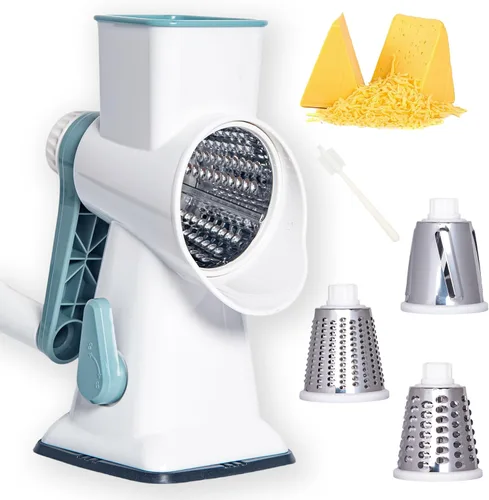 Vista 6 de Rallador Giratorio de Queso Triturador de Queso, Rallador de Queso de Mano con Base de Succión Fuerte, Rebanador de Verduras de Cocina, 3 Cuchillas