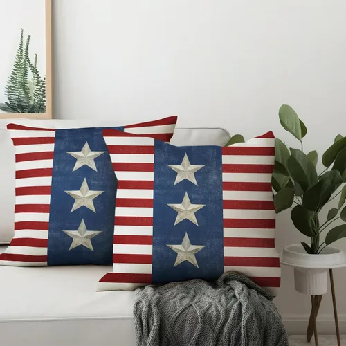 Vista 4 de Juego de 2 fundas de almohada de 16 x 16 pulgadas, diseño patriótico de bandera estadounidense con estrellas para exteriores, estilo casa de campo