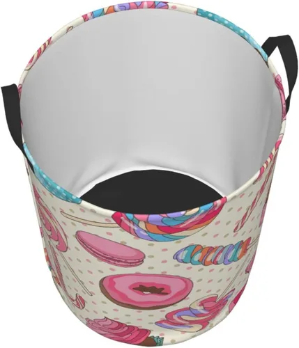 Vista 3 de Cesta de almacenamiento circular Protable con estampado de magdalena de piruleta dulce, cesta para ropa sucia con asas, ropa de dormitorio