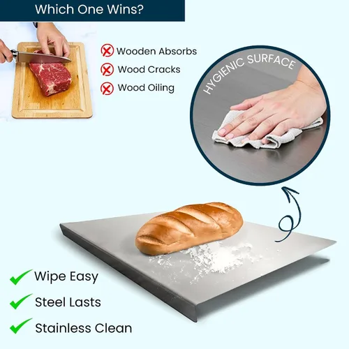 Vista 5 de Tabla de cortar de acero inoxidable para cocina, grado alimenticio 304, adecuada para carne, frutas, verduras y pan, tablas de cortar de gran