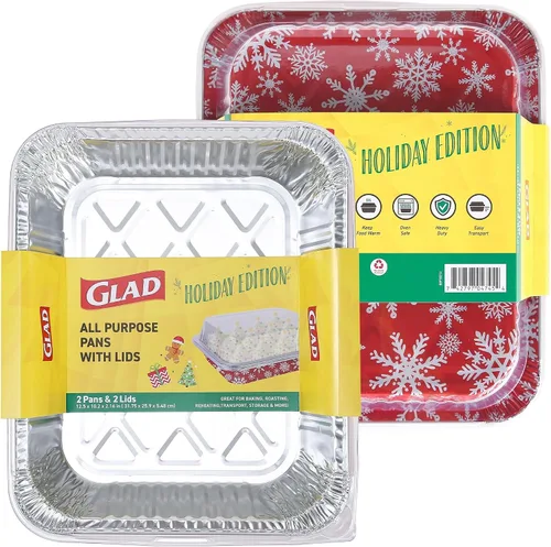 Vista 8 de Glad Holiday Edition Moldes de Aluminio para Hornear con Forma de Árbol de Navidad con Patrón de Copos de Nieve Rojos y Blancos, Moldes Desechables