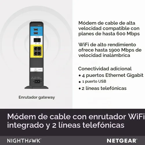 Vista 2 de Modem router con cable, de Netgear, Nighthawk AC1900 (24 x 8) DOCSIS 3.0, ideal para Xfinity Internet y Voice (C7100V), Negro