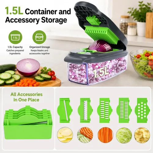 Vista 4 de Picador de verduras 13 en 1 Picador de cebolla · Picador de verduras con recipiente · Picador de ensalada · Cortador de patatas – Regalo